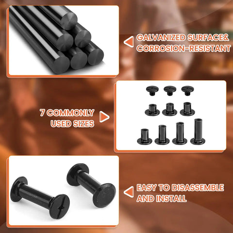 145 Sets Chicago Screws For Leather In Black Gunmetal Finish displayed in 7 sizes and corrosion-resistant material