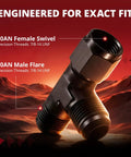 10AN Flare Male Tee Fitting Adapter With AN10 Female Swivel Beefed-Up Black Anodized 6061-T6 Aluminum For Auto High Pressure Lines 7/8-14 UNF Threads 1500 PSI Working Pressure -40 F To 250 F 37 Degree Seal, black tee fitting shown