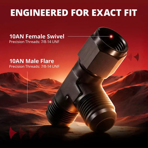 10AN Flare Male Tee Fitting Adapter With AN10 Female Swivel Beefed-Up Black Anodized 6061-T6 Aluminum For Auto High Pressure Lines 7/8-14 UNF Threads 1500 PSI Working Pressure -40 F To 250 F 37 Degree Seal, black tee fitting shown
