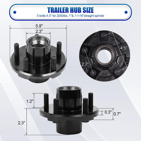 Trailer Hub Kit With 5 On 4.5 Inch Bolt Pattern For 2000 Lb Axles Includes 1 Inch And 1-1/16 Inch Straight Spindle Bearings L44643 L44649 Rust