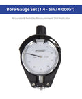 Front view of Fowler dial bore gauge with 1.4-6 in measuring range; black body, white dial.