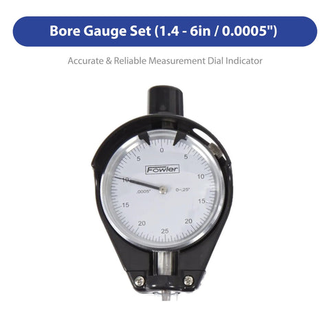 Front view of Fowler dial bore gauge with 1.4-6 in measuring range; black body, white dial.