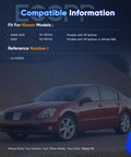 2007 red Nissan Altima parked on road, text highlights compatibility for wheel hub bearing assembly, model years, and specifications.