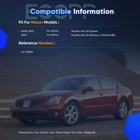 2007 red Nissan Altima parked on road, text highlights compatibility for wheel hub bearing assembly, model years, and specifications.