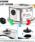 Rugged Stainless Steel Dry Pressure Gauge 0 To 100 Psi With A Two Inch Dial One Quarter Inch NPT Lower Mount Waterproof For Well Pumps Tires And Water Pressure Testing Includes Two Snaps, shown with pressure relief design and installation label.