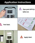 Application instructions for Slick Complete Electrical Panel Labels Kit With 48 Circuit Breaker Tabs showing cleaning and labeling steps.