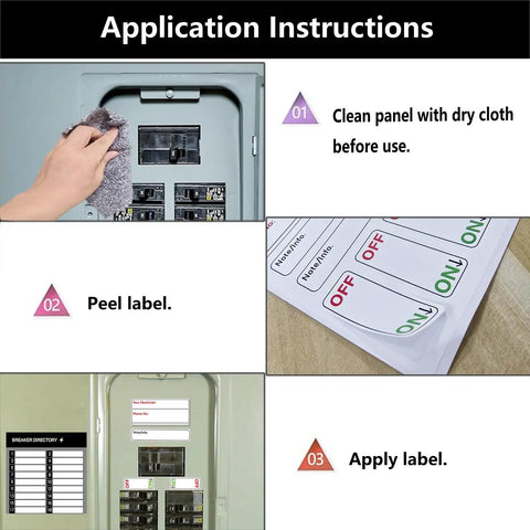 Application instructions for Slick Complete Electrical Panel Labels Kit With 48 Circuit Breaker Tabs showing cleaning and labeling steps.