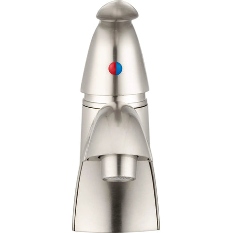 Front view of RV Single Handle One Hole Bathroom Faucet in Brushed Satin Nickel, sleek arc design, durable metal construction