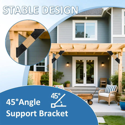 4 Pack Pergola Brackets Kit - 45 Degree Corner Bracket Set For Wooden Gazebos, Tree Houses, Cabins And Outdoor Structures, Built Tough Carbon Steel With Black Powder Coat, Durable Outdoor Support For DIY Projects