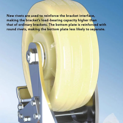 Close-up of heavy-duty universal caster wheel with a secure locking brake and reinforced bracket design for enhanced load-bearing capacity.