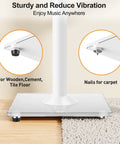 Height Adjustable Rock Solid Universal Speaker Stands For Bookshelf And Satellite Speakers Up To 22 Lbs Pair 28 To 37.4 Inches Tall With Cable Management For Home Theater Setup White; base options for wooden floors and carpet shown.