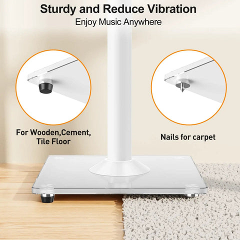 Height Adjustable Rock Solid Universal Speaker Stands For Bookshelf And Satellite Speakers Up To 22 Lbs Pair 28 To 37.4 Inches Tall With Cable Management For Home Theater Setup White; base options for wooden floors and carpet shown.