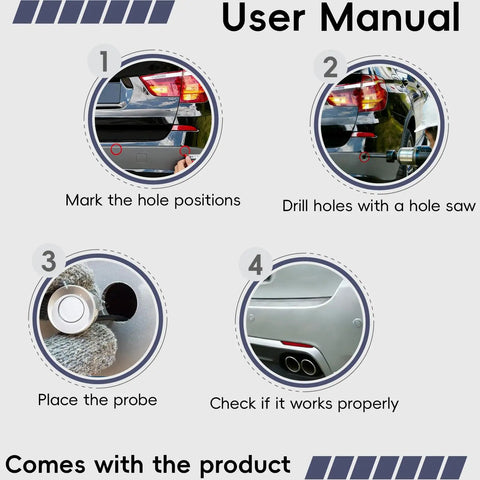 User manual showing installation steps for Parking Sensor Kit For Cars With Customizable Probes In 18 Color Options And Adjustable Alarm Volume Backup Sensor And Reverse Sensor Three Sound Modes Including Soft Beep Or Off Easy Install Safe Driving Assistant.