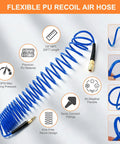 Coilable Polyurethane Recoil Air Hose With Quick Connect And Bend Restrictors One Quarter Inch NPT Spring Line Blue