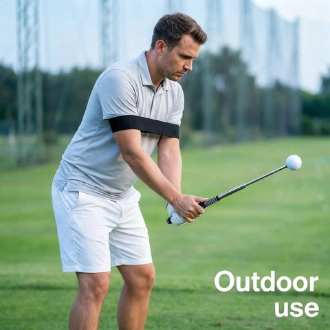 Right-handed golfer outdoors using Retractable Golf Swing Trainer With Click Feedback Posture Correction Arm Band And Grip Trainer.