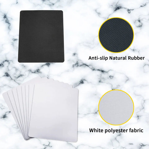 Twenty Pack White Mouse Pads 3mm Thick For Heat Press Printing Bulk shown with anti-slip rubber and polyester fabric