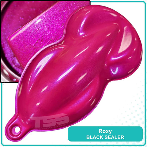 Roxy BLACK SEALER in vibrant pink, showcasing shimmer and gloss for effective candy pearl basecoat application.