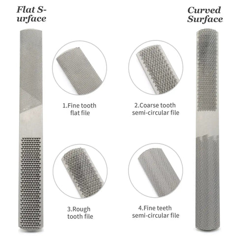 Workhorse 4 In 1 Wood Rasp File 8 Inch Straight Shooting Shaping Tool showing flat and curved surfaces with four cutting types.