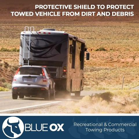 RV towing a car with Heavy Duty Tow Safety Cable Kit 10000 Lb Rating Seven Foot Length Prevents Accidental Disconnection