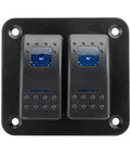Close-up of 2-gang illuminated rocker switches on aluminum panel, part of 12-24V Boat Switch Panel Illuminated Rocker Switch Aluminum Prewired Dash Panel With 2 3 4 5 6 8 Gang Toggle Switches On Off 5 Pin LED Backlit IP65 Marine Grade Built For Boats Cars RVs Rig Ready