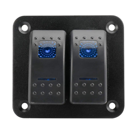 Close-up of 2-gang illuminated rocker switches on aluminum panel, part of 12-24V Boat Switch Panel Illuminated Rocker Switch Aluminum Prewired Dash Panel With 2 3 4 5 6 8 Gang Toggle Switches On Off 5 Pin LED Backlit IP65 Marine Grade Built For Boats Cars RVs Rig Ready