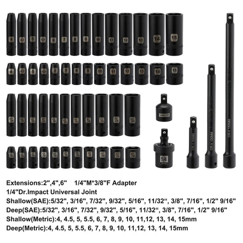 55 Piece 1/4 Inch Drive Master Impact Socket Set With Deep And Shallow Sockets 6 Point Beefy CR-V Steel Metric SAE Range Display