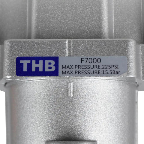 Close-up of Three Quarters Inch Compressed Air Line Moisture And Water Filter Trap F706N label showing max pressure