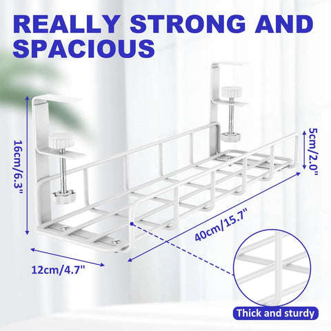 15.7 Inch Under Desk Cable Management Tray No Drill Clamp Mount Heavy Duty Steel Wire Organizer For Standing Desks White Finish
