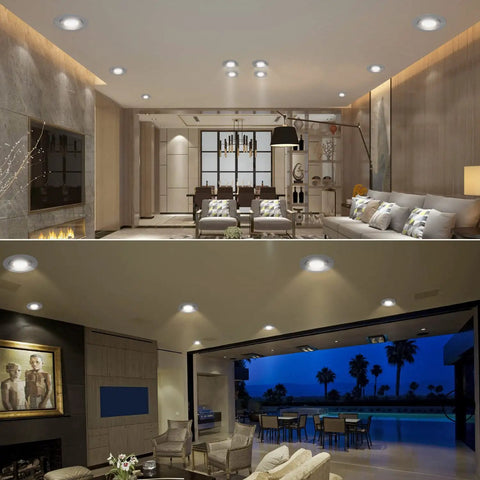 Living room with installed 4 Inch LED Recessed Gimbal Light With Junction Box 9W 650LM CRI90 Plus ETL Listed Five Color