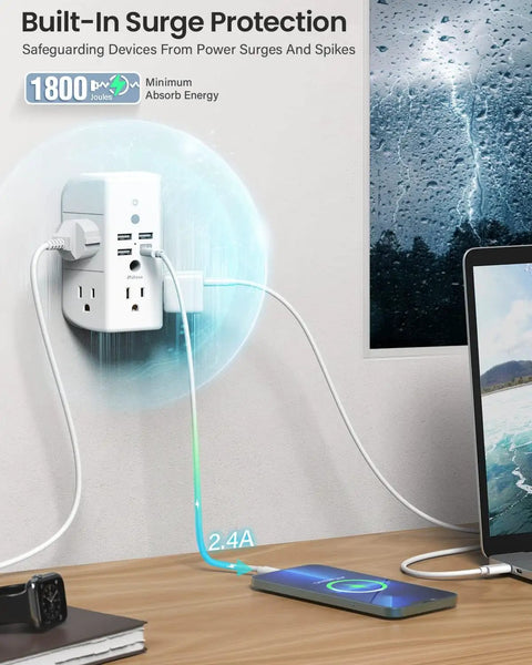 Wall Outlet Extender With Shelf And Night Light Surge Protector And Wall Mount Power Strip Featuring 5 AC Outlets 3 USB A Ports
