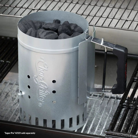 Chimney Style Charcoal Grill Starter With Quick Release Trigger for fast coals lighting, zinc-coated, on grill with charcoal