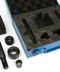 Square 45mm By 45mm One Sixteenth DIN Panel Punch Die Set With Draw Studs And Spacers in blue case, heavy duty for clean panel openings