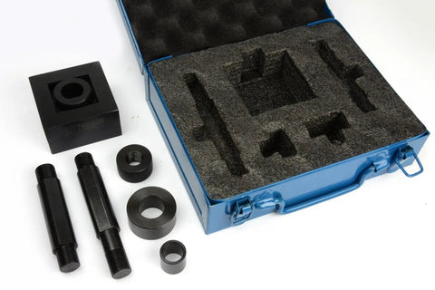 Square 45mm By 45mm One Sixteenth DIN Panel Punch Die Set With Draw Studs And Spacers in blue case, heavy duty for clean panel openings