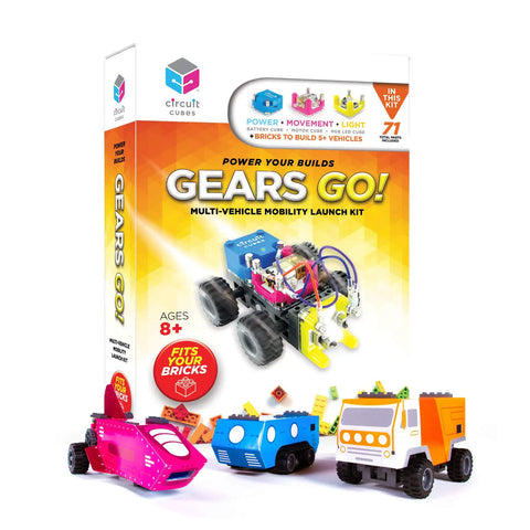 Gears Go Multi Vehicle Mobility Launch Kit with 65 parts including bricks and vehicle overlays displayed in front of box