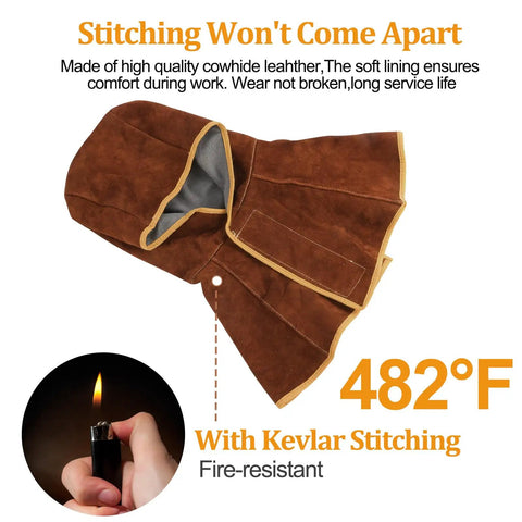Cowhide Leather Welding Hood With Shoulder Cape Kevlar Reinforced Full Head Coverage Brown OSHA Compliant Durable Protective Helmet For Men And Women During Welding shown next to flame resistance test.