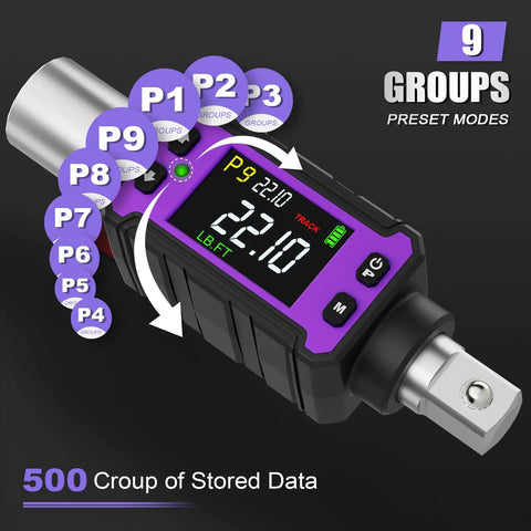 1/2 Inch Digital Torque Adapter Set With Ultra Slim Design For Tight Spaces, Delivers 0.4-22.1 Ft-Lb (0.6-30 Nm) Of Precise Torque, Great For Engine Bays, Bicycle Spokes, And Other Confined Work Areas. digital torque adapter display with preset modes