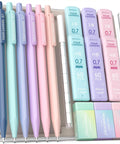 Six Cute Mechanical Pencils Set With 0.7mm Lead, 360 Leads And 12 Erasers, Plus Storage Case, assorted colors, on white background