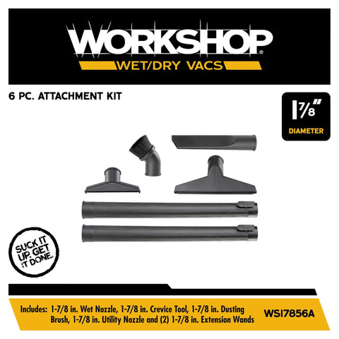 Six Piece Locking Attachment Kit For Wet Dry Vacuum Cleaners With Standard 1.875 Inch Fittings shown with all included tools.