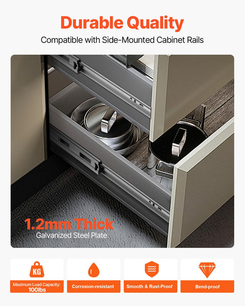 Open cabinet showing side-mounted Beefy Heavy Duty Soft Close Drawer Slides Set For Cabinets, 18 Inch Galvanized Steel with Pots