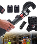 Heavy Duty Electric Hydraulic Wire Crimper With Twelve Pairs Dies And Portable Design For 16 To 400mm2 Cables Featuring Quick Crimping Action and Rotary Head for Pro Results, held in hand, background with construction workers.
