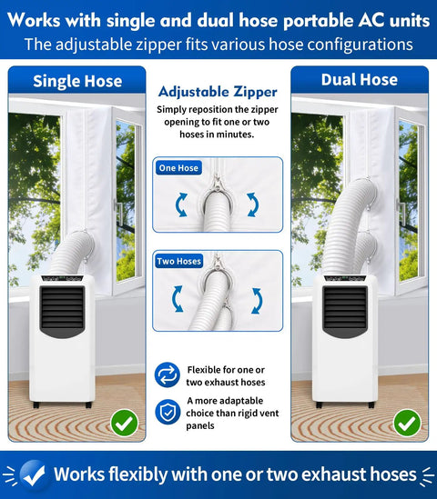 Image showing 200cm Portable AC Window Seal Kit For Casement Crank Skylight And Push Out Windows with dual hose setup.