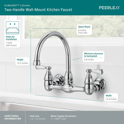 Elmhurst Two Handle Wall Mount Kitchen Faucet Chrome With 8 Inch Spout Reach 360 Degree Swivel ADA Compliant Fits Two Hole 8 Inch Centers Half Inch NPT Inlets High Arc Gooseneck
