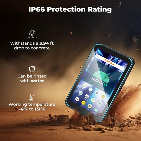 Heavy Duty 8 Inch Rugged Android 13 Tablet With Integrated Barcode Scanner, 4GB Ram And 64GB Storage, 4G Lte And Wifi 5 standing against a dusty backdrop.