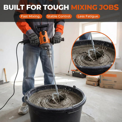 Corded 20 Amp Mixing Drill With Five Eighth Inch All Metal Chuck 1100 RPM Heavy Duty Concrete Mixer blending mortar in bucket