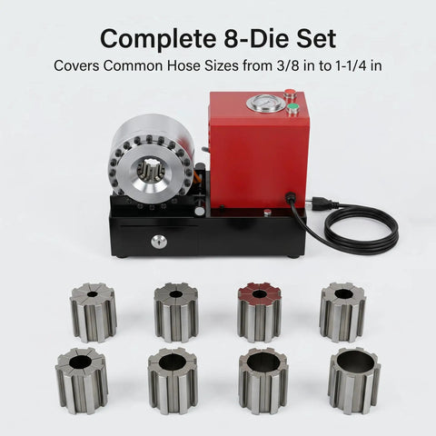 Heavy Duty Hydraulic Hose Crimper 110V Machine with 8 interchangeable dies for common hose sizes from 3/8 to 1-1/4 in.