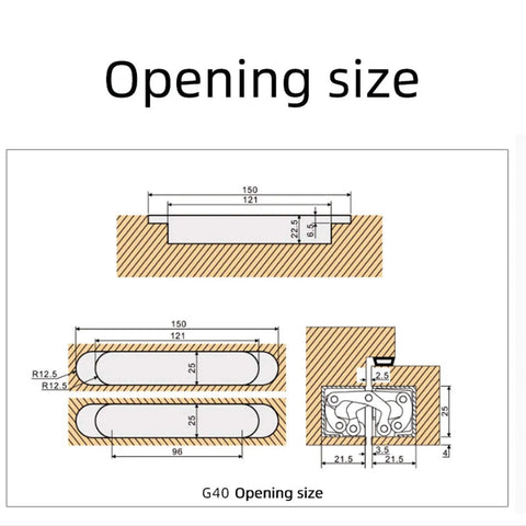 Technical diagram showing dimensions of 40Kg Adjustable Wood Door Hidden Hinges with 180 Degree Open Capability