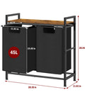 Two Section Laundry Hamper With Pull Out Dual 45L Bags And Wooden Shelf Removable Washable Sorter Bags Metal Frame For Laundry Room Dorm Bathroom Oxford Fabric Rustic Brown And Black; dimensions shown.