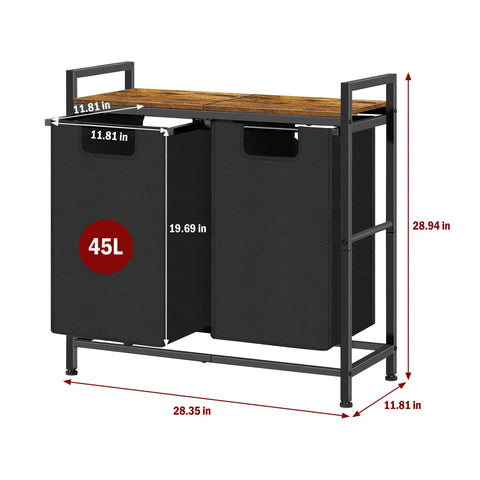 Two Section Laundry Hamper With Pull Out Dual 45L Bags And Wooden Shelf Removable Washable Sorter Bags Metal Frame For Laundry Room Dorm Bathroom Oxford Fabric Rustic Brown And Black; dimensions shown.