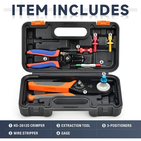 Pro Grade Deutsch Solid Contacts Crimping Tool AWG 26-12 For Size 12 16 20 Fits DT DTP DTM Series, case with tools and accessories.