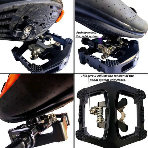 Dual Sided SPD Clipless Pedals With Toe Clip Straps For Indoor Cycling Three In One System close-up view with shoe engaged